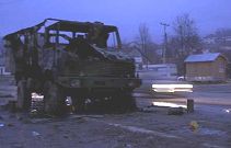 Burnt KFOR truck in Leposavic Burnt KFOR truck in Leposavic